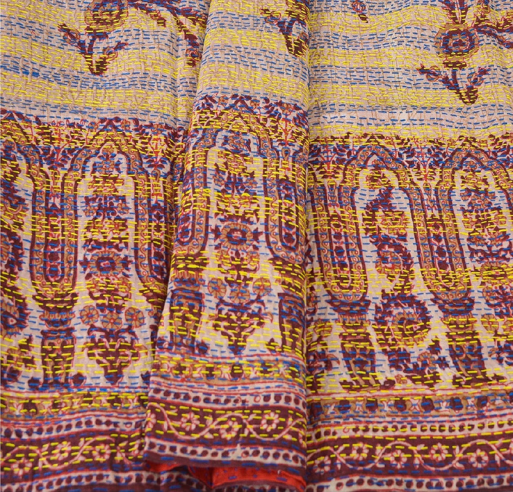 Sanskriti Vintage Dupatta Long Stole Pure Silk Cream Hand Embroidered Kantha