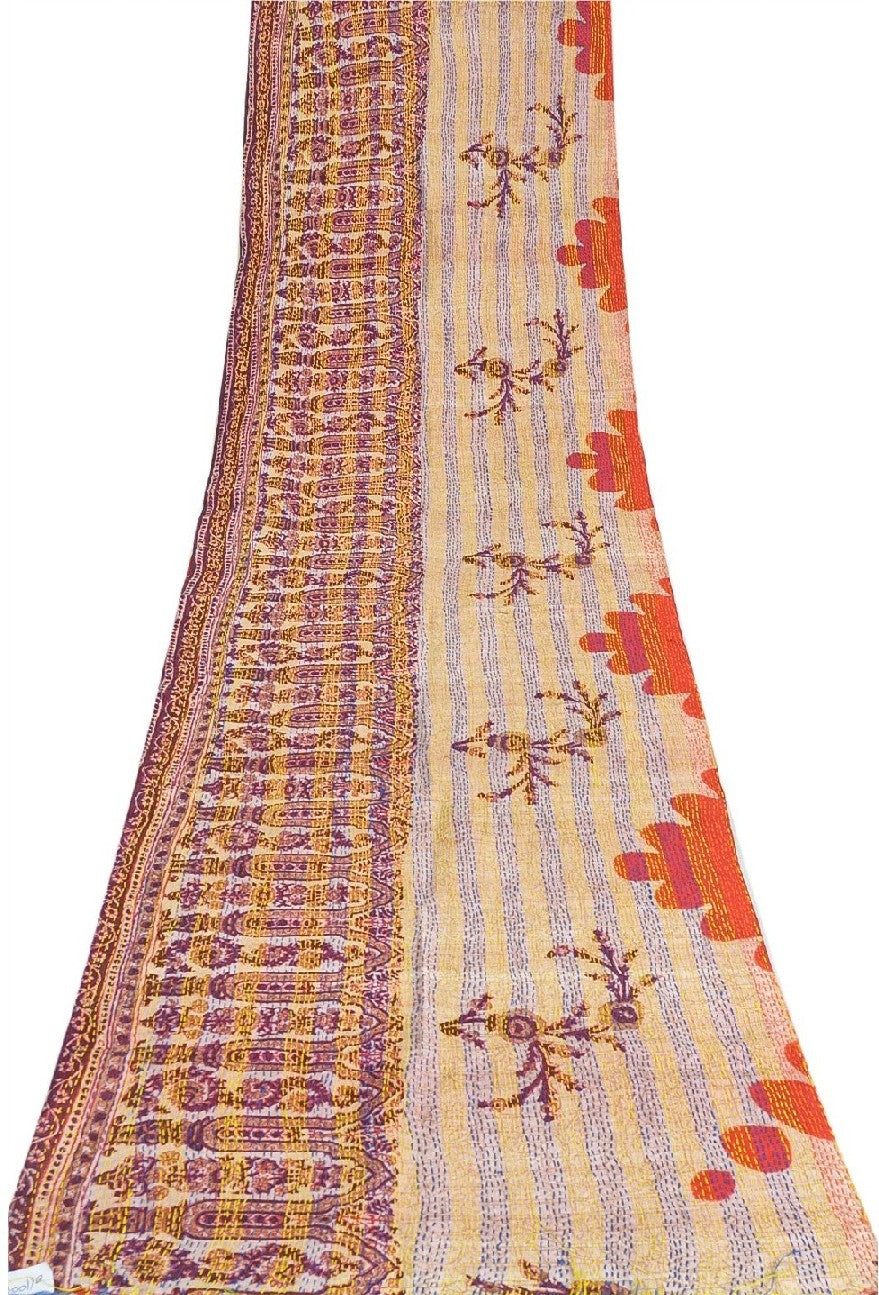Sanskriti Vintage Dupatta Long Stole Pure Silk Cream Hand Embroidered Kantha
