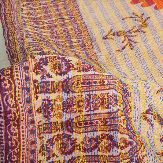 Sanskriti Vintage Dupatta Long Stole Pure Silk Cream Hand Embroidered Kantha