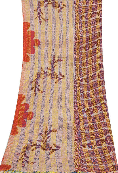 Sanskriti Vintage Dupatta Long Stole Pure Silk Cream Hand Embroidered Kantha