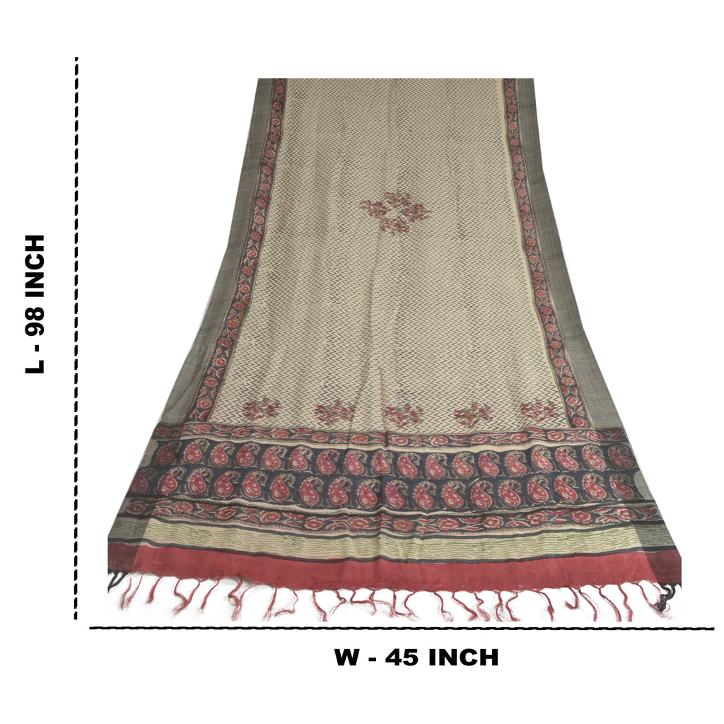 Sanskriti Vintage Dupatta Black & Cream 100% Pure Woolen Long Stole Shawl Hand Block Printed Hijab Boho Quilting Material For DIY Projects