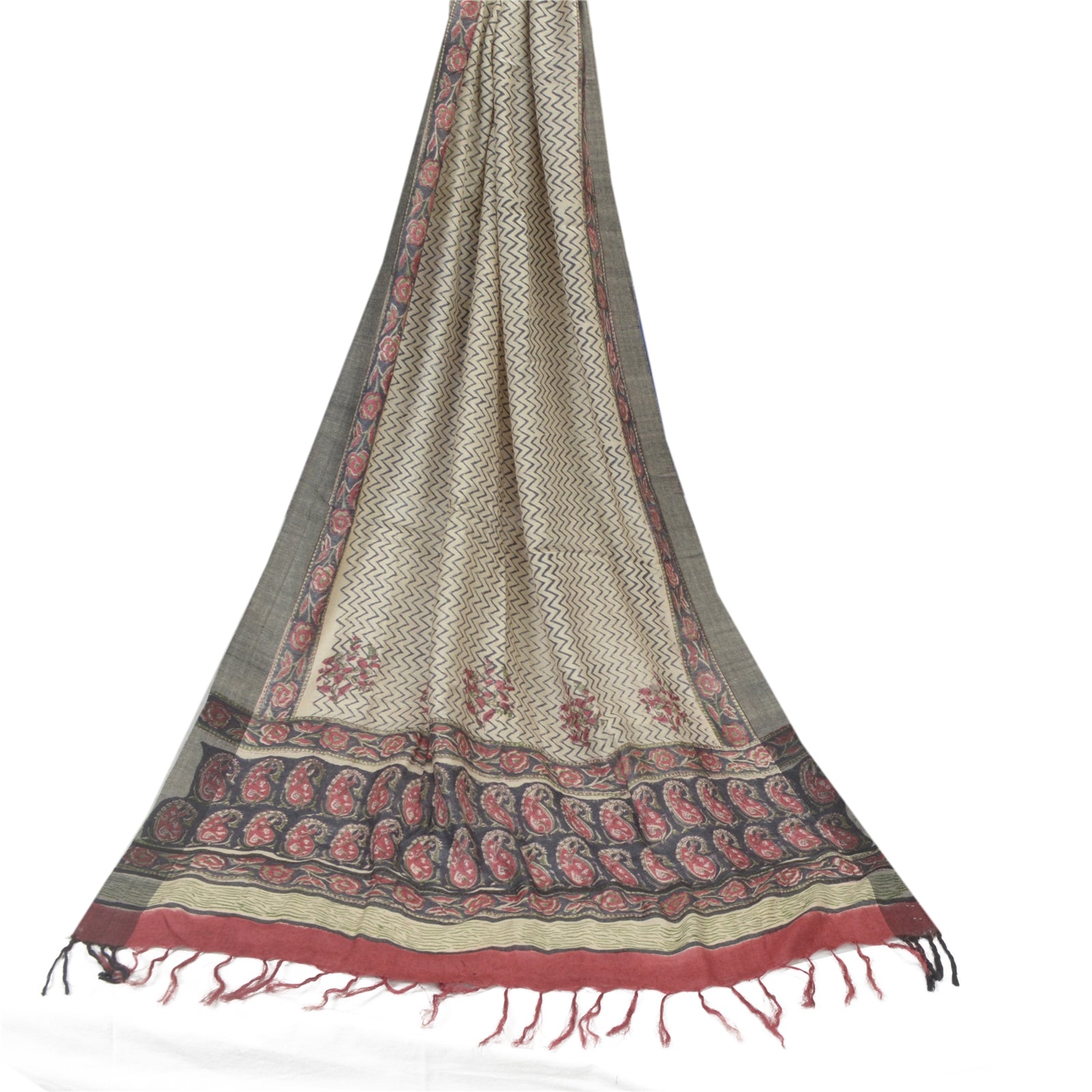 Sanskriti Vintage Dupatta Black & Cream 100% Pure Woolen Long Stole Shawl Hand Block Printed Hijab Boho Quilting Material For DIY Projects