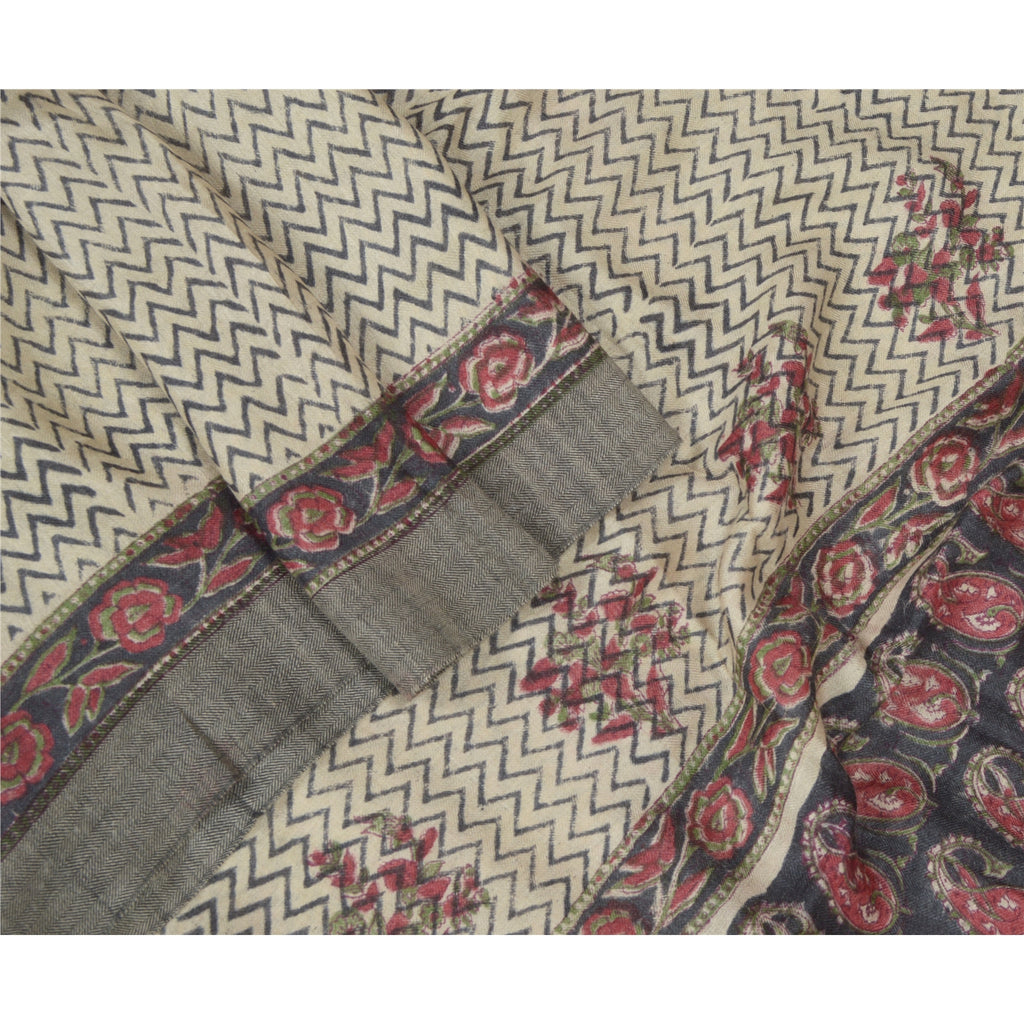 Sanskriti Vintage Dupatta Black & Cream 100% Pure Woolen Long Stole Shawl Hand Block Printed Hijab Boho Quilting Material For DIY Projects