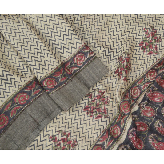 Sanskriti Vintage Dupatta Black & Cream 100% Pure Woolen Long Stole Shawl Hand Block Printed Hijab Boho Quilting Material For DIY Projects