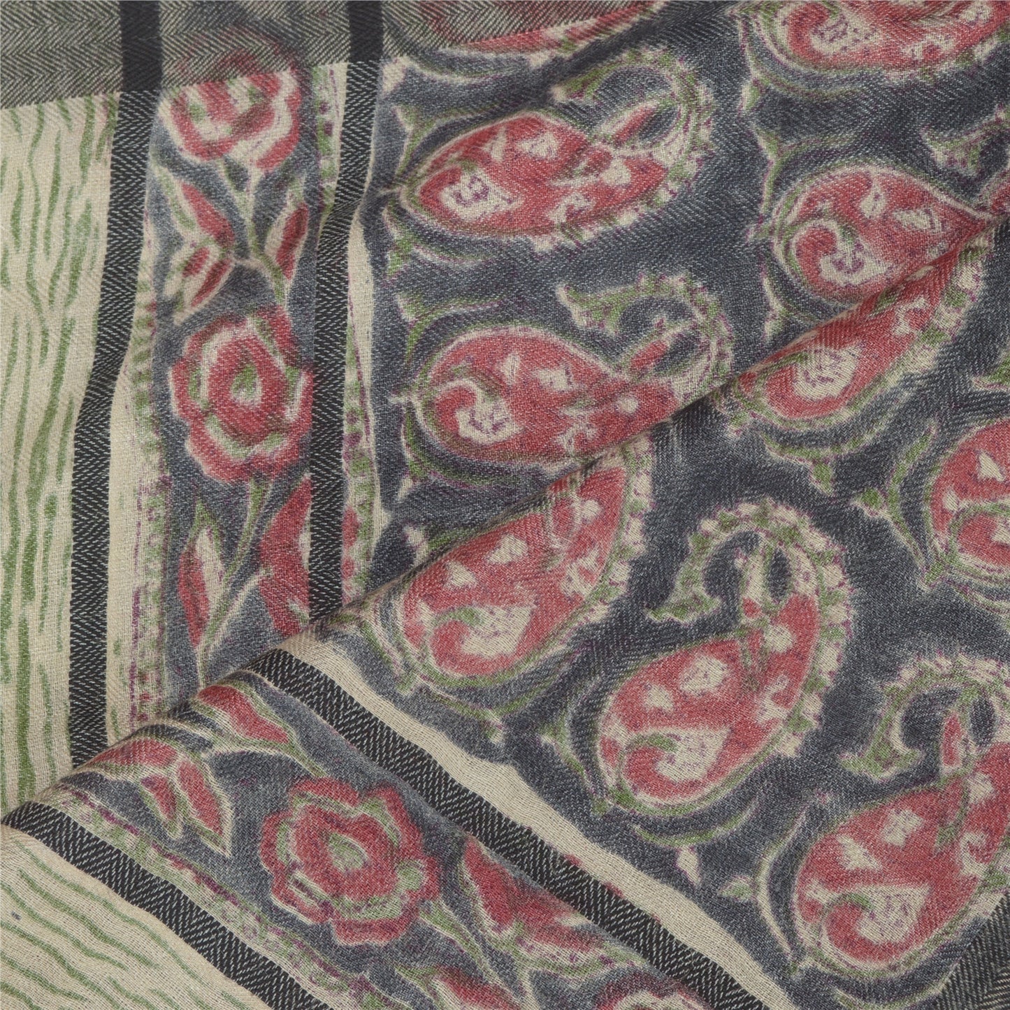 Sanskriti Vintage Dupatta Long Stole Pure Woolen Black/Cream Shawl Printed Hijab