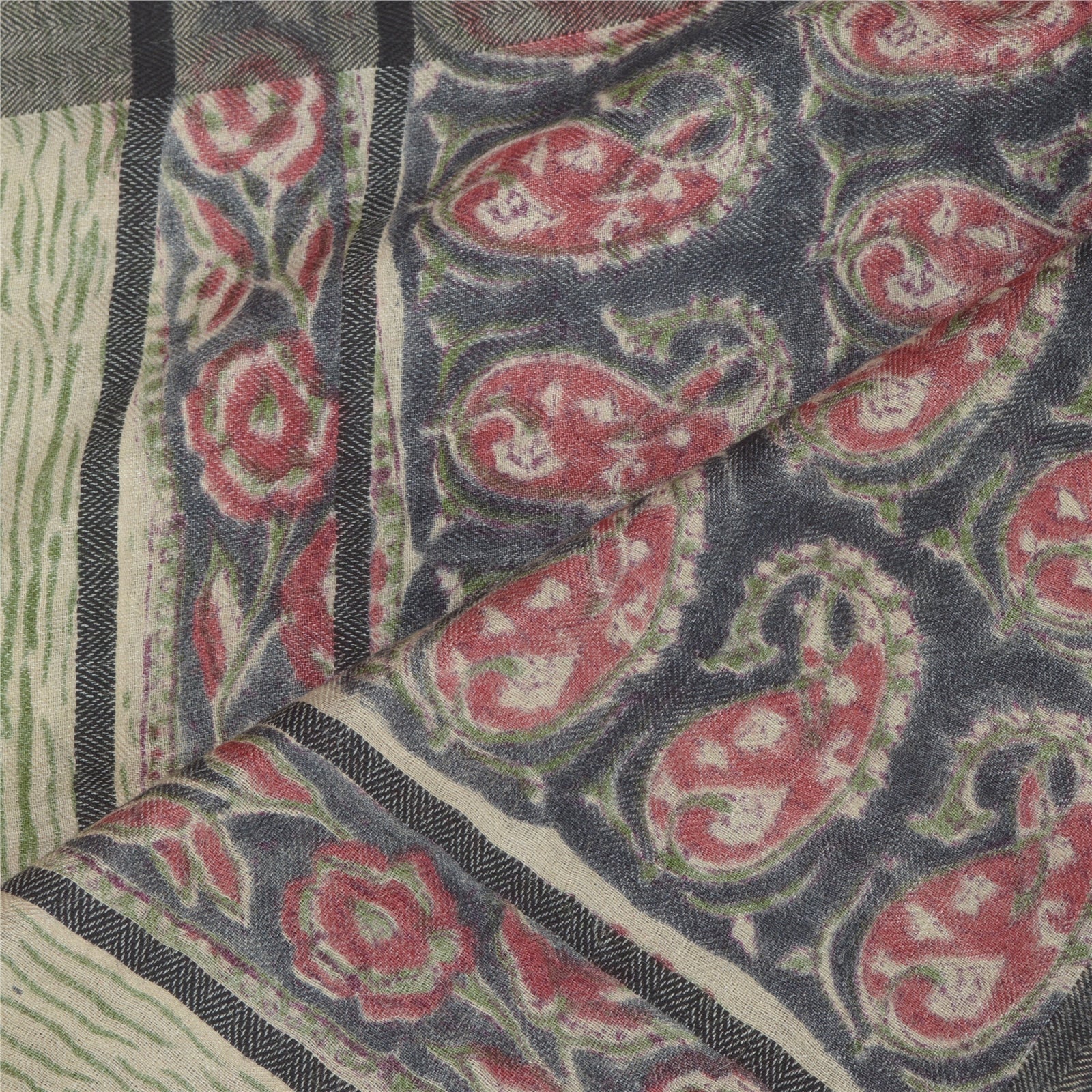 Sanskriti Vintage Dupatta Black & Cream 100% Pure Woolen Long Stole Shawl Hand Block Printed Hijab Boho Quilting Material For DIY Projects