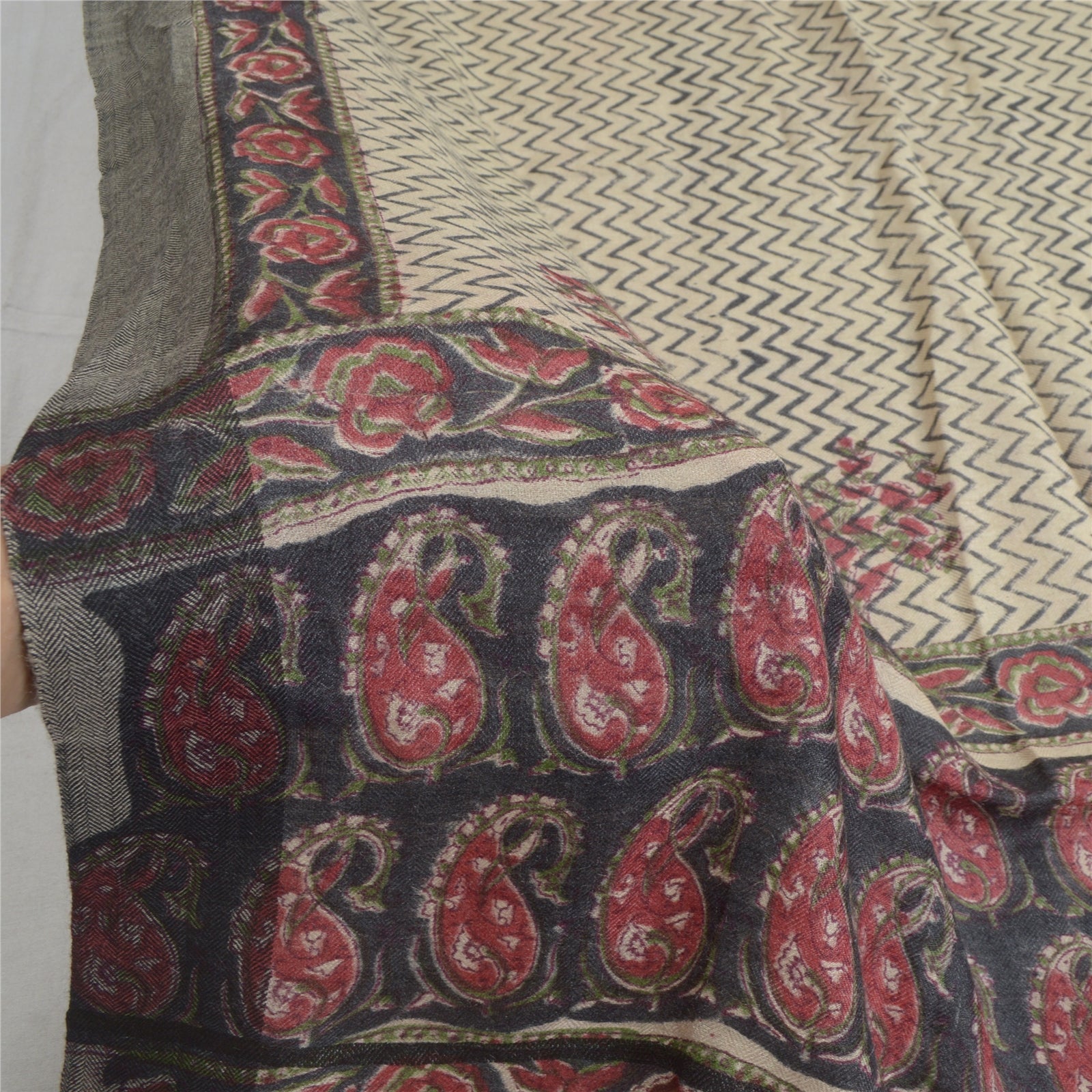 Sanskriti Vintage Dupatta Black & Cream 100% Pure Woolen Long Stole Shawl Hand Block Printed Hijab Boho Quilting Material For DIY Projects