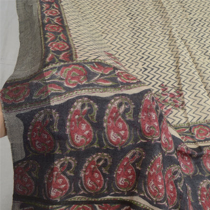 Sanskriti Vintage Dupatta Long Stole Pure Woolen Black/Cream Shawl Printed Hijab