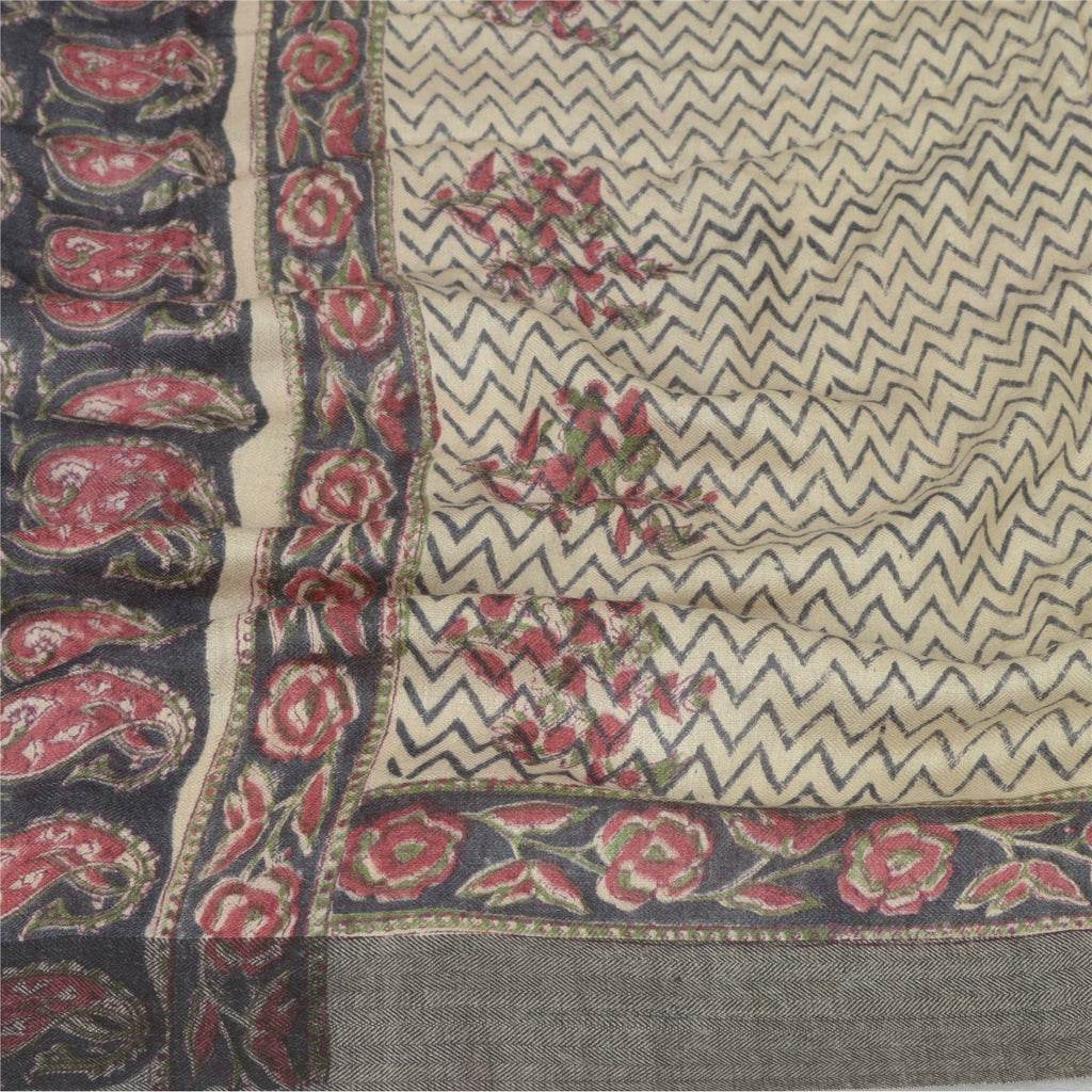 Sanskriti Vintage Dupatta Black & Cream 100% Pure Woolen Long Stole Shawl Hand Block Printed Hijab Boho Quilting Material For DIY Projects