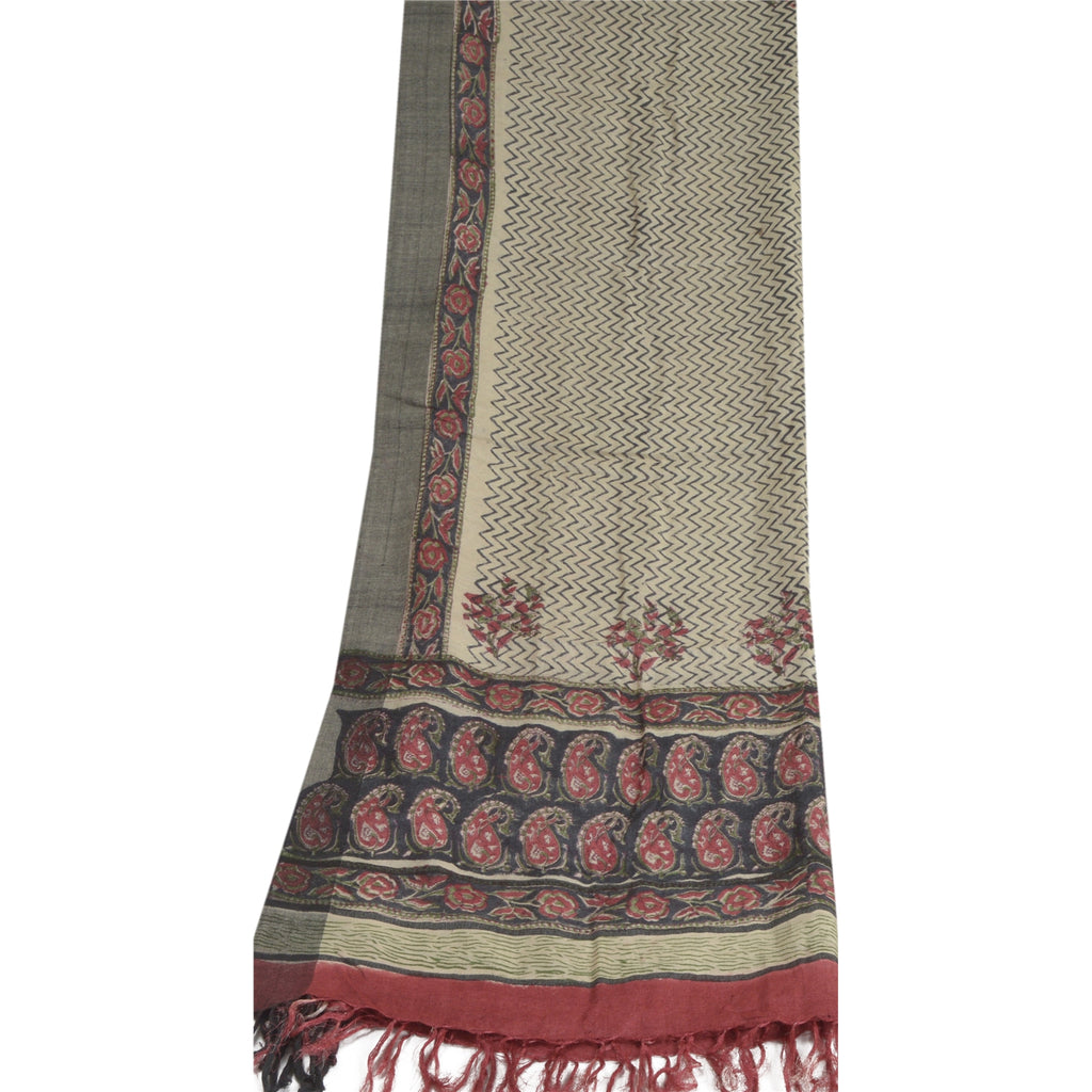 Sanskriti Vintage Dupatta Black & Cream 100% Pure Woolen Long Stole Shawl Hand Block Printed Hijab Boho Quilting Material For DIY Projects