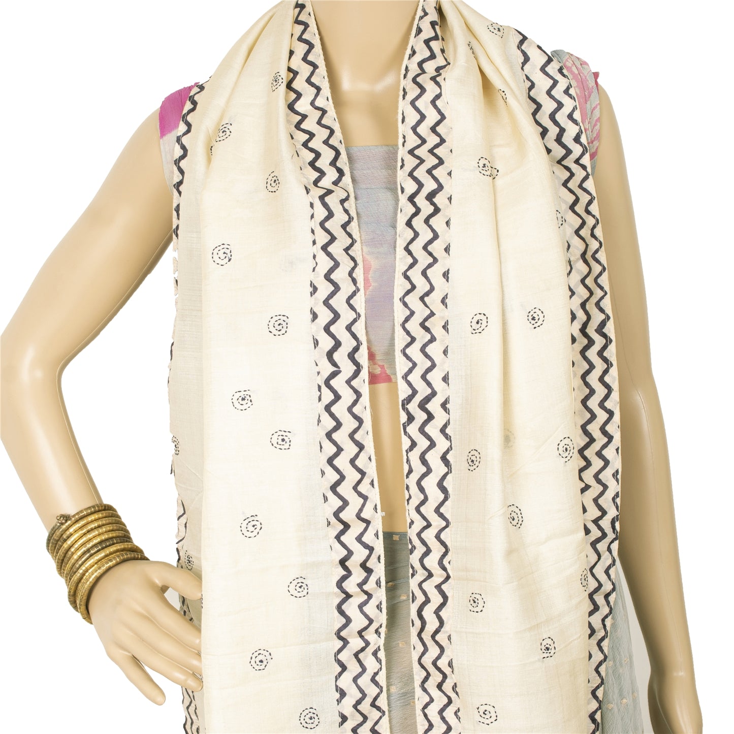 Sanskriti Vintage Cream Dupatta Long Stole Pure Silk Hand Embroidery Kantha Veil