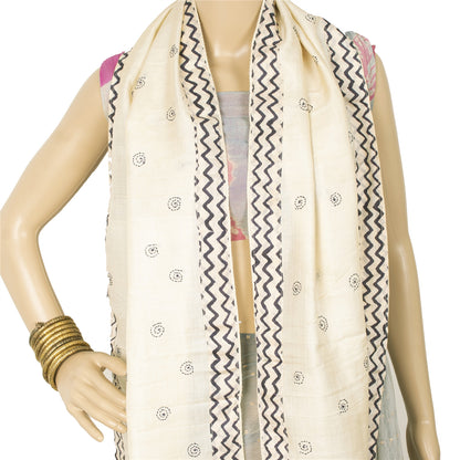 Sanskriti Vintage Cream Dupatta Long Stole Pure Silk Hand Embroidery Kantha Veil