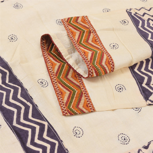 Sanskriti Vintage Cream Dupatta Long Stole Pure Silk Hand Embroidery Kantha Veil