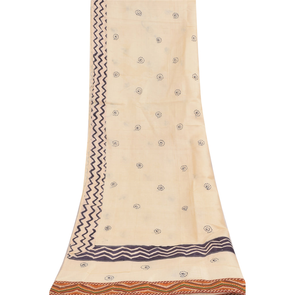 Sanskriti Vintage Cream Dupatta Long Stole Pure Silk Hand Embroidery Kantha Veil