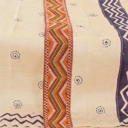 Sanskriti Vintage Cream Dupatta Long Stole Pure Silk Hand Embroidery Kantha Veil