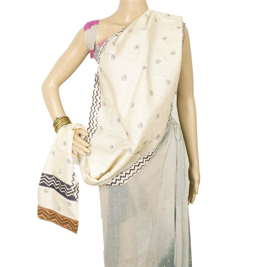 Sanskriti Vintage Cream Dupatta Long Stole Pure Silk Hand Embroidery Kantha Veil