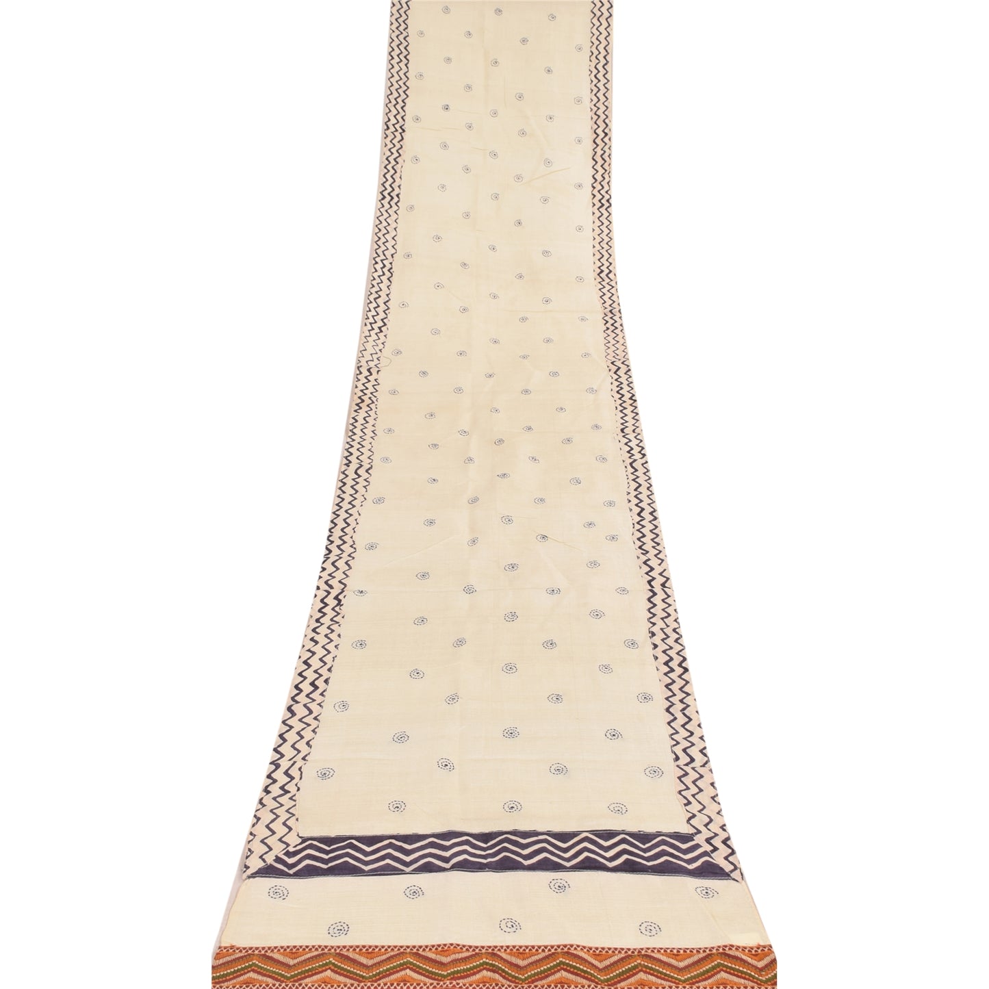 Sanskriti Vintage Cream Dupatta Long Stole Pure Silk Hand Embroidery Kantha Veil