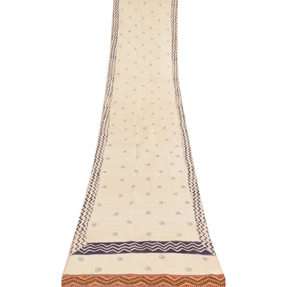 Sanskriti Vintage Cream Dupatta Long Stole Pure Silk Hand Embroidery Kantha Veil