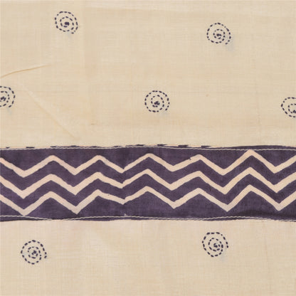 Sanskriti Vintage Cream Dupatta Long Stole Pure Silk Hand Embroidery Kantha Veil