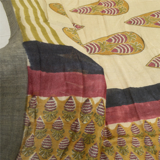 Sanskriti Vintage Dupatta Long Stole Pure Woolen Shawl Ivory Printed Scarves