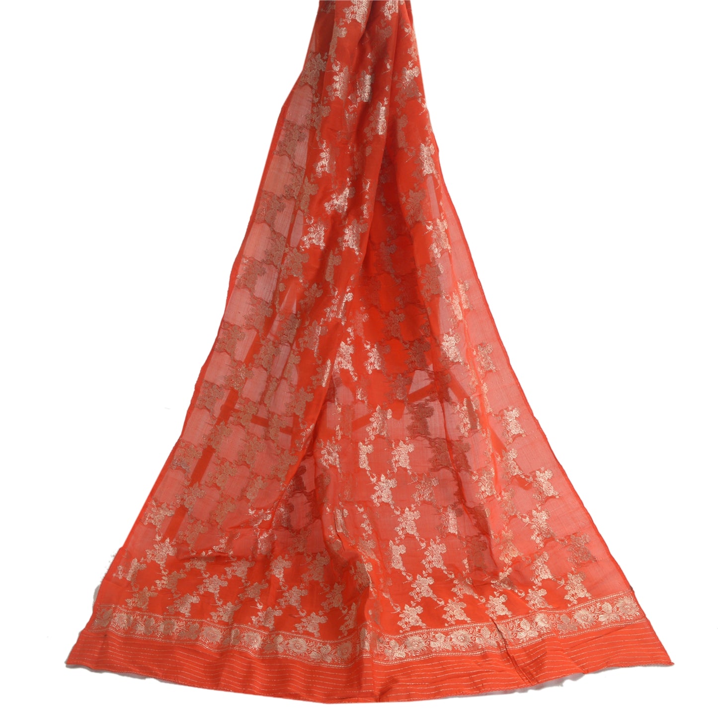 Sanskriti Vintage Dupatta Long Stole Pure Silk Orange Woven Brocade/Banarasi