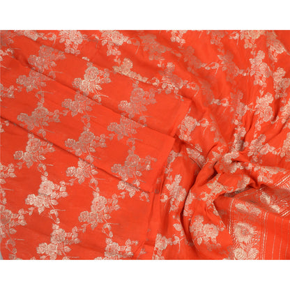 Sanskriti Vintage Dupatta Long Stole Pure Silk Orange Woven Brocade/Banarasi