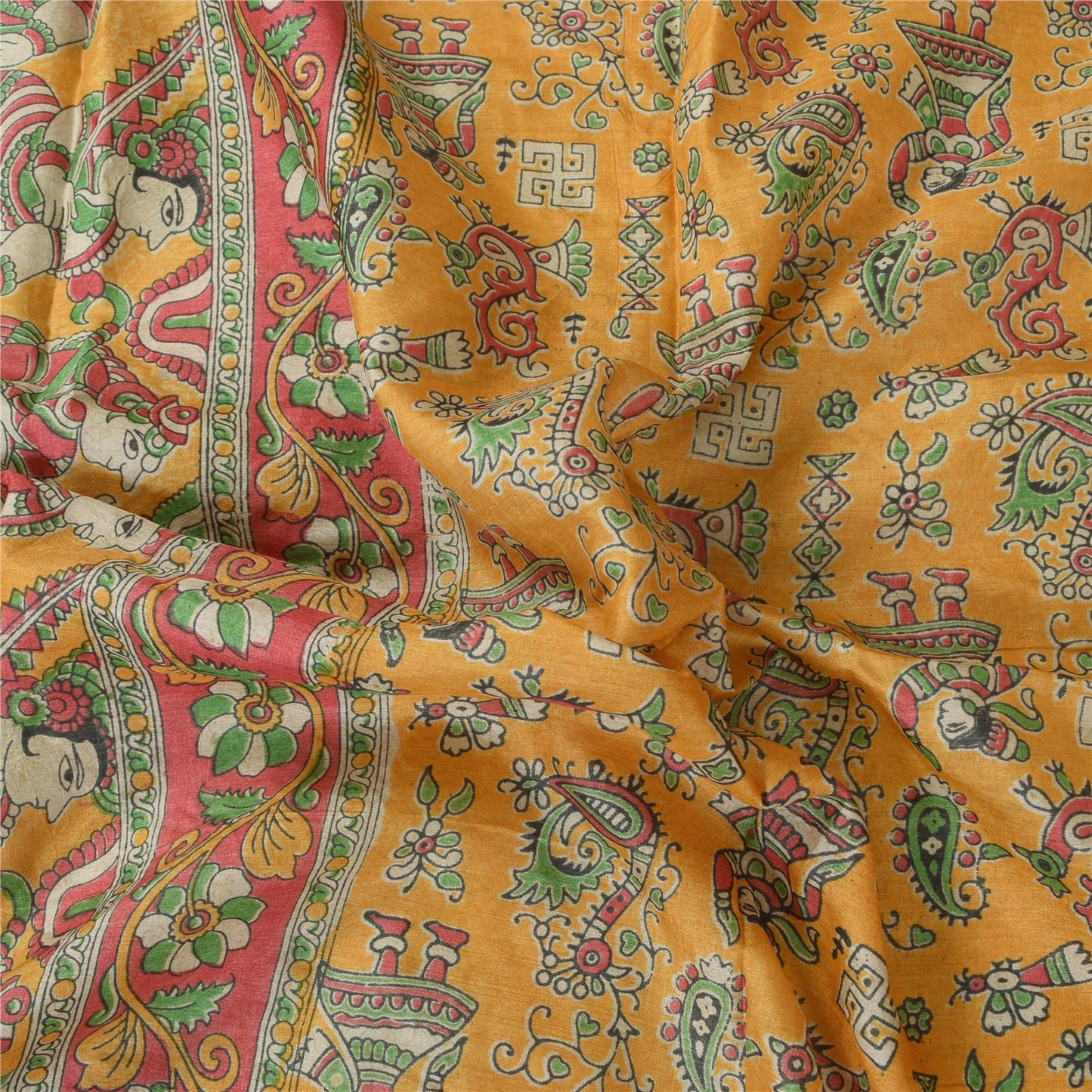 Sanskriti Vintage Yellow Dupatta Long Stole Pure Silk Block Printed Pattachitra