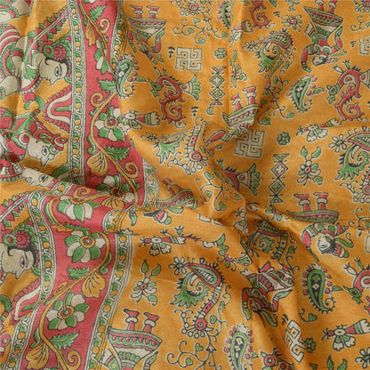 Sanskriti Vintage Yellow Dupatta Long Stole Pure Silk Block Printed Pattachitra