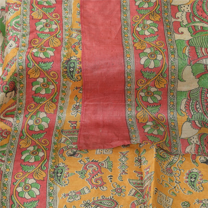 Sanskriti Vintage Yellow Dupatta Long Stole Pure Silk Block Printed Pattachitra