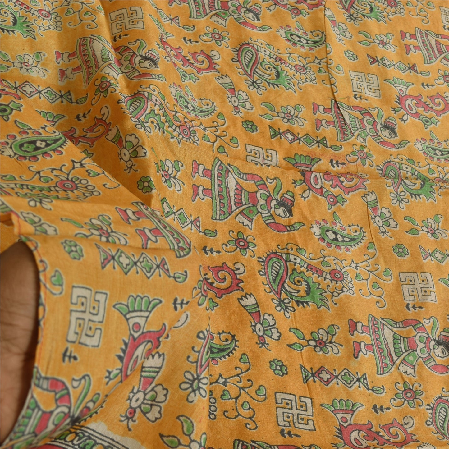 Sanskriti Vintage Yellow Dupatta Long Stole Pure Silk Block Printed Pattachitra