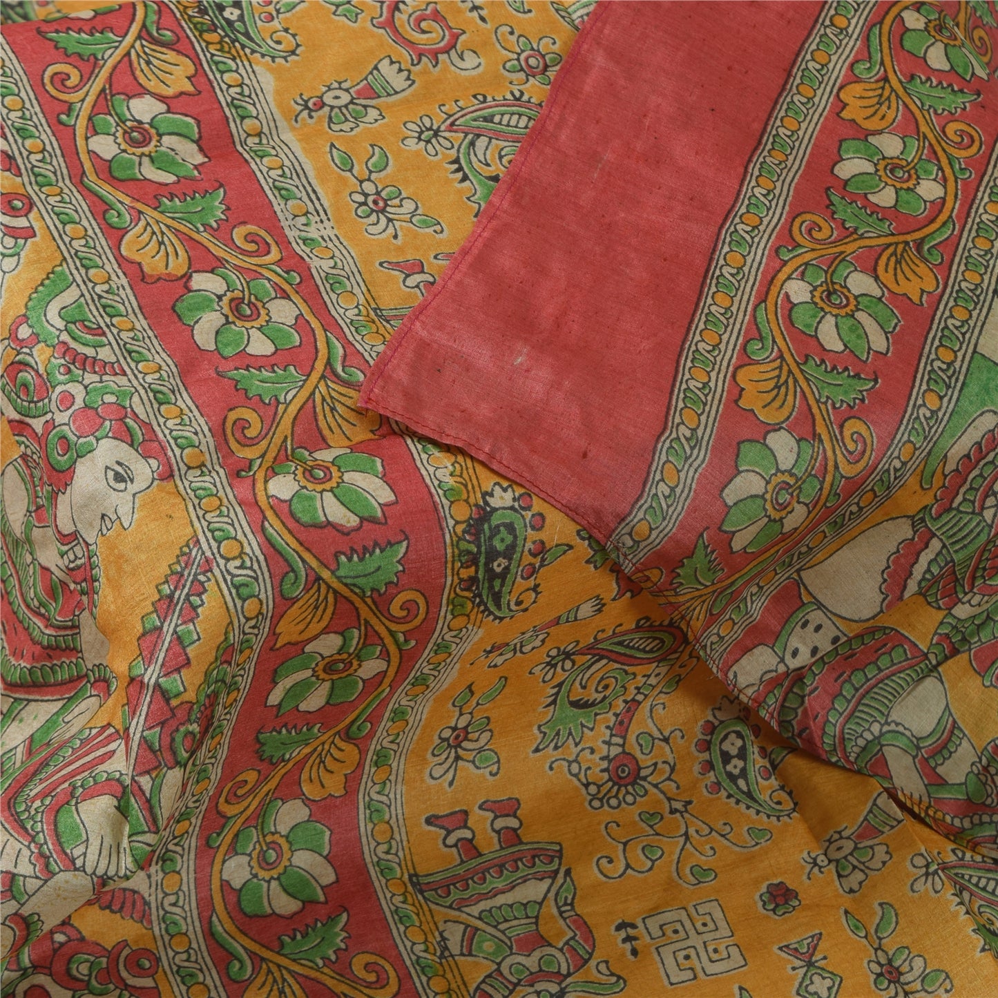 Sanskriti Vintage Yellow Dupatta Long Stole Pure Silk Block Printed Pattachitra