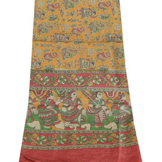 Sanskriti Vintage Yellow Dupatta Long Stole Pure Silk Block Printed Pattachitra