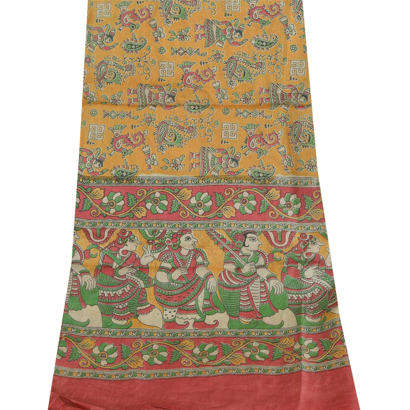 Sanskriti Vintage Yellow Dupatta Long Stole Pure Silk Block Printed Pattachitra
