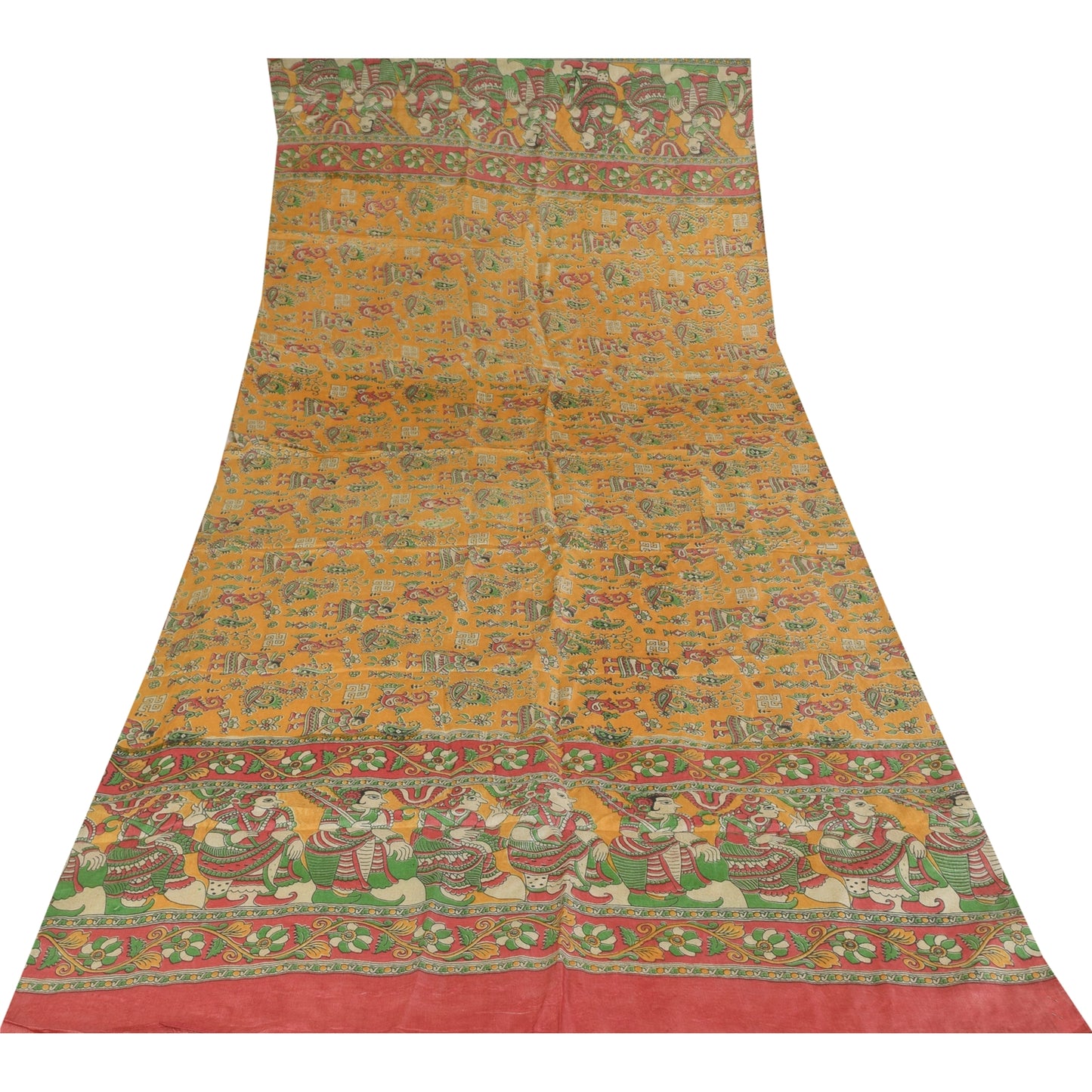 Sanskriti Vintage Yellow Dupatta Long Stole Pure Silk Block Printed Pattachitra
