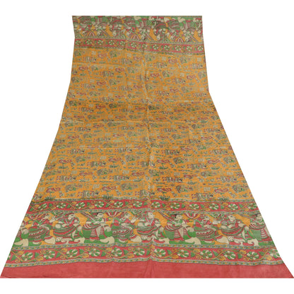 Sanskriti Vintage Yellow Dupatta Long Stole Pure Silk Block Printed Pattachitra