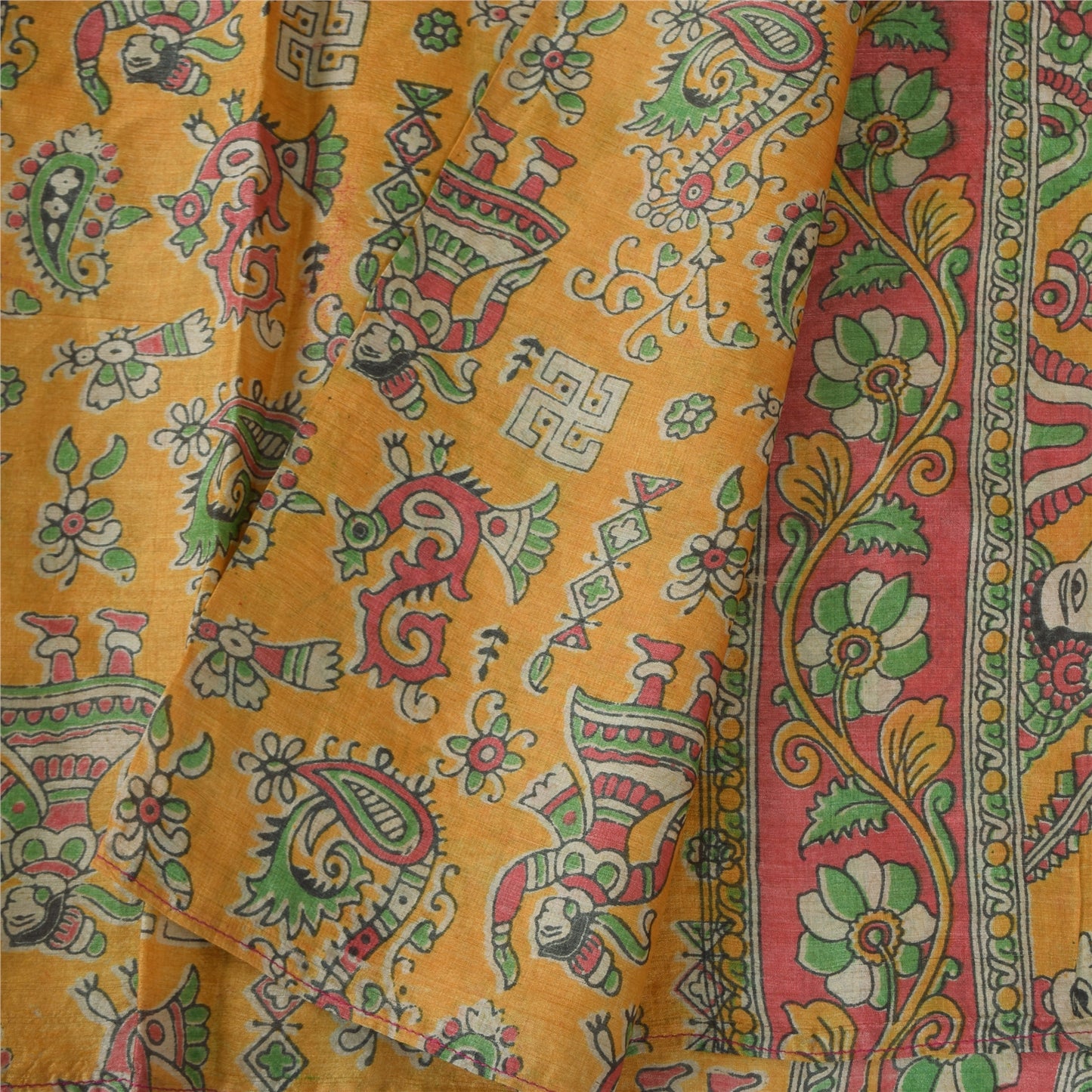 Sanskriti Vintage Yellow Dupatta Long Stole Pure Silk Block Printed Pattachitra