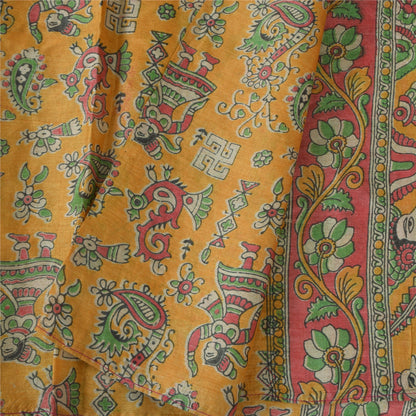 Sanskriti Vintage Yellow Dupatta Long Stole Pure Silk Block Printed Pattachitra