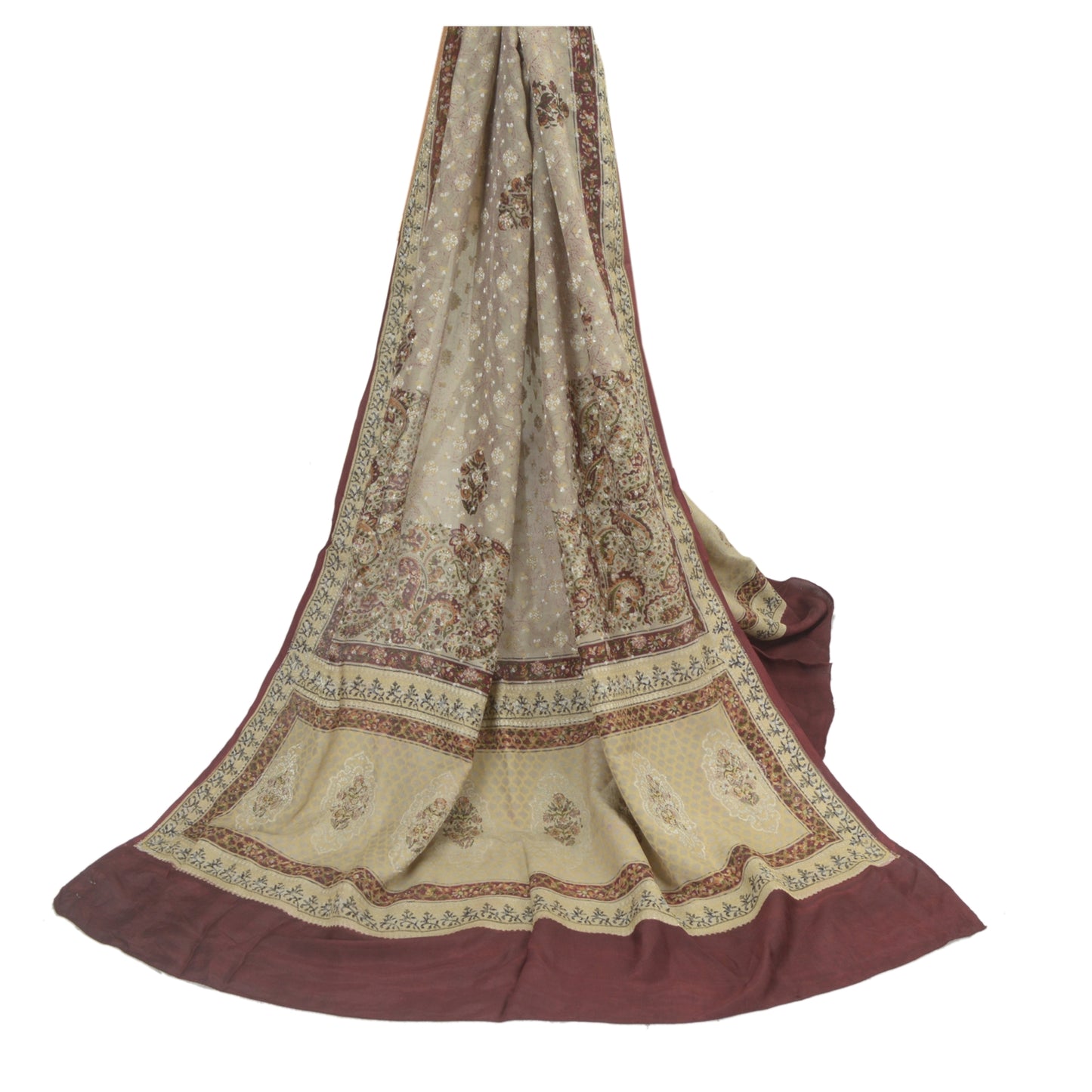 Sanskriti Vintage Dupatta Long Stole Pure Silk Cream Printed & Woven Veil Scarve