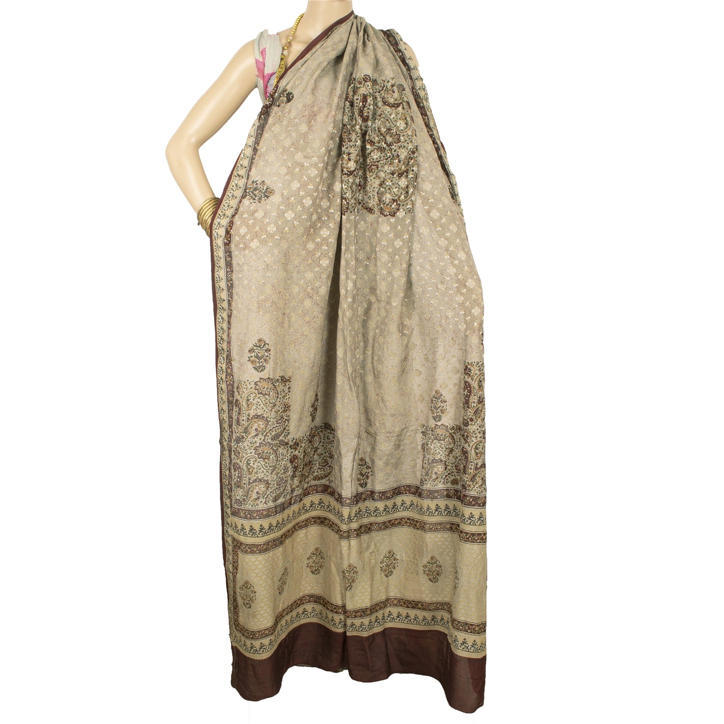 Sanskriti Vintage Dupatta Long Stole Pure Silk Cream Printed & Woven Veil Scarve