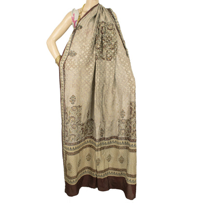 Sanskriti Vintage Dupatta Long Stole Pure Silk Cream Printed & Woven Veil Scarve