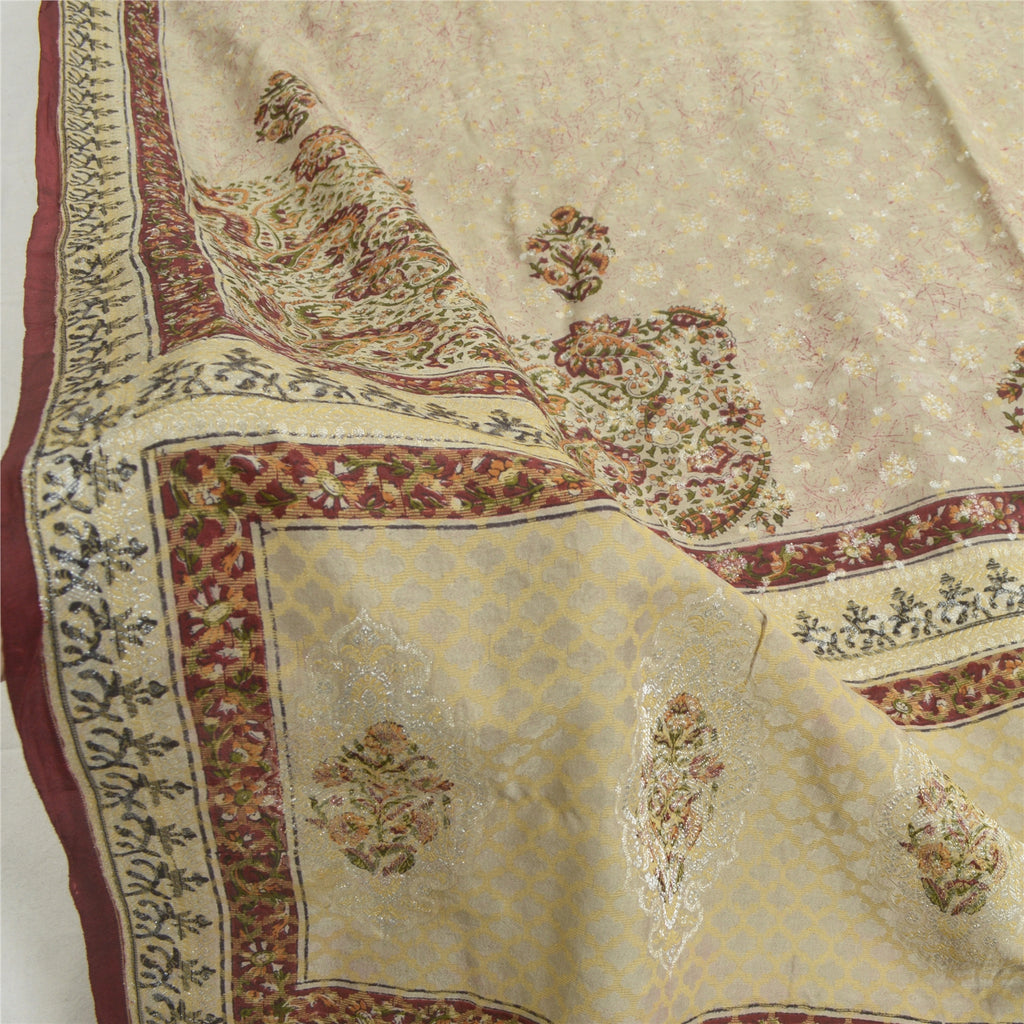 Sanskriti Vintage Dupatta Long Stole Pure Silk Cream Printed & Woven Veil Scarve