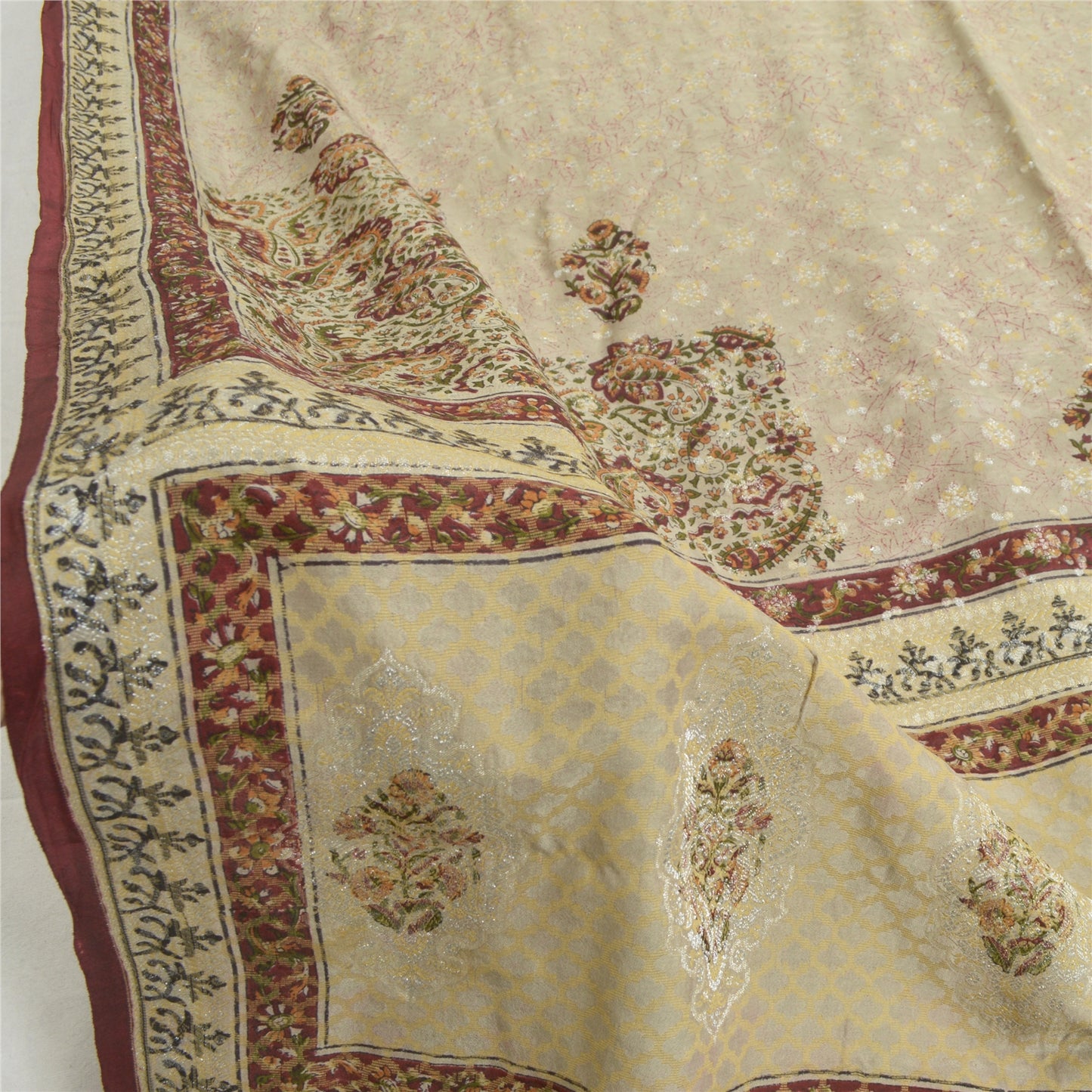 Sanskriti Vintage Dupatta Long Stole Pure Silk Cream Printed & Woven Veil Scarve