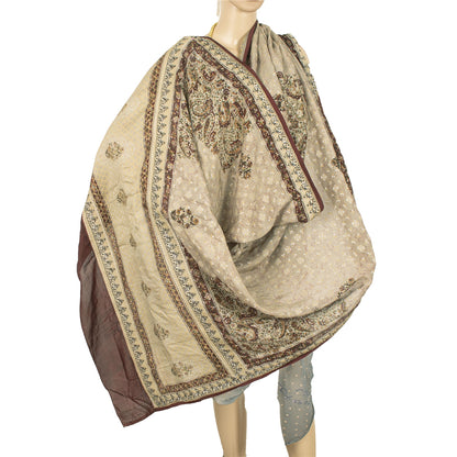 Sanskriti Vintage Dupatta Long Stole Pure Silk Cream Printed & Woven Veil Scarve