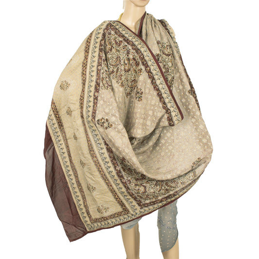 Sanskriti Vintage Dupatta Long Stole Pure Silk Cream Printed & Woven Veil Scarve