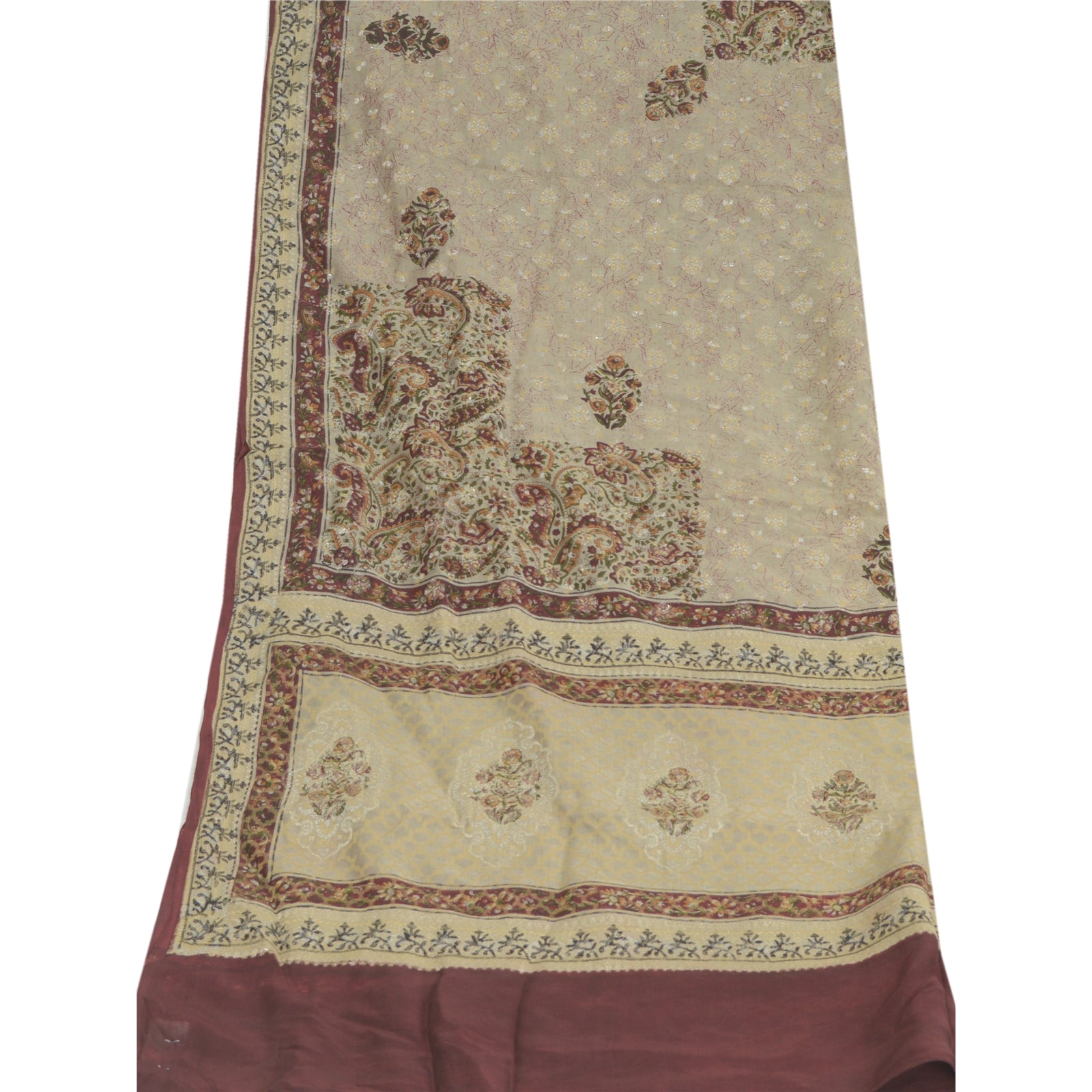 Sanskriti Vintage Dupatta Long Stole Pure Silk Cream Printed & Woven Veil Scarve