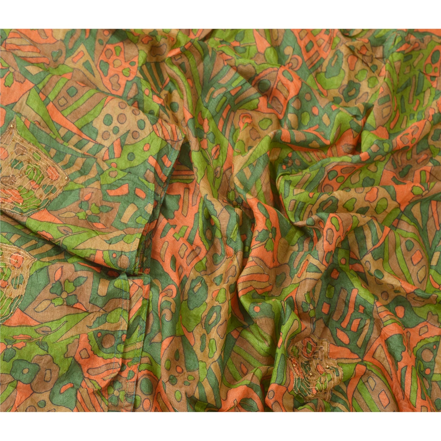 Sanskriti Vintage Dupatta Pure Silk Green Long Stole Hand Beaded Floral Printed Shawl Home Decor, Upcycled, Recycled,Remnant, For Sewing