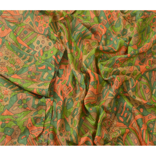 Sanskriti Vintage Dupatta Long Stole Pure Silk Green Hand Beaded Printed Shawl