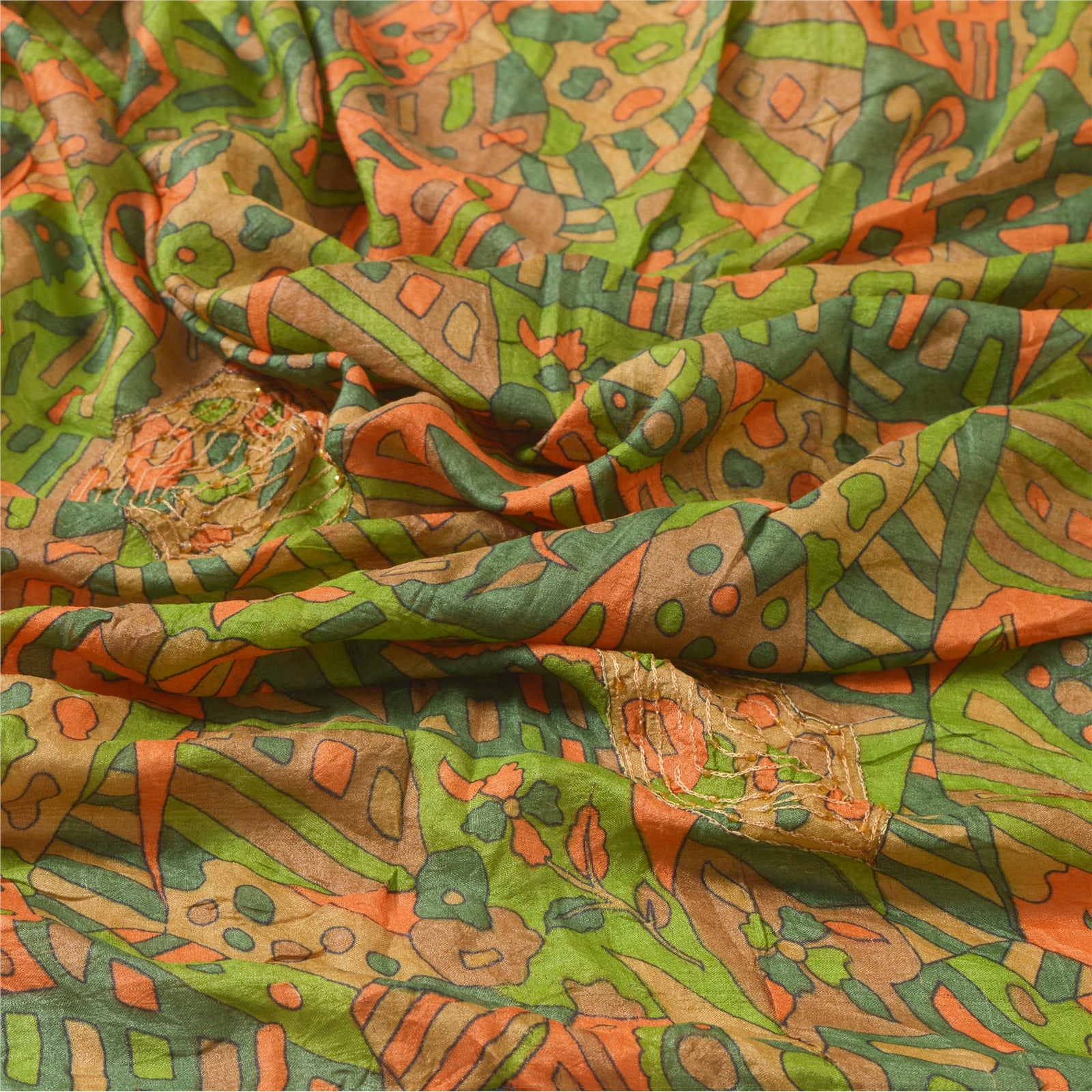 Sanskriti Vintage Dupatta Long Stole Pure Silk Green Hand Beaded Printed Shawl