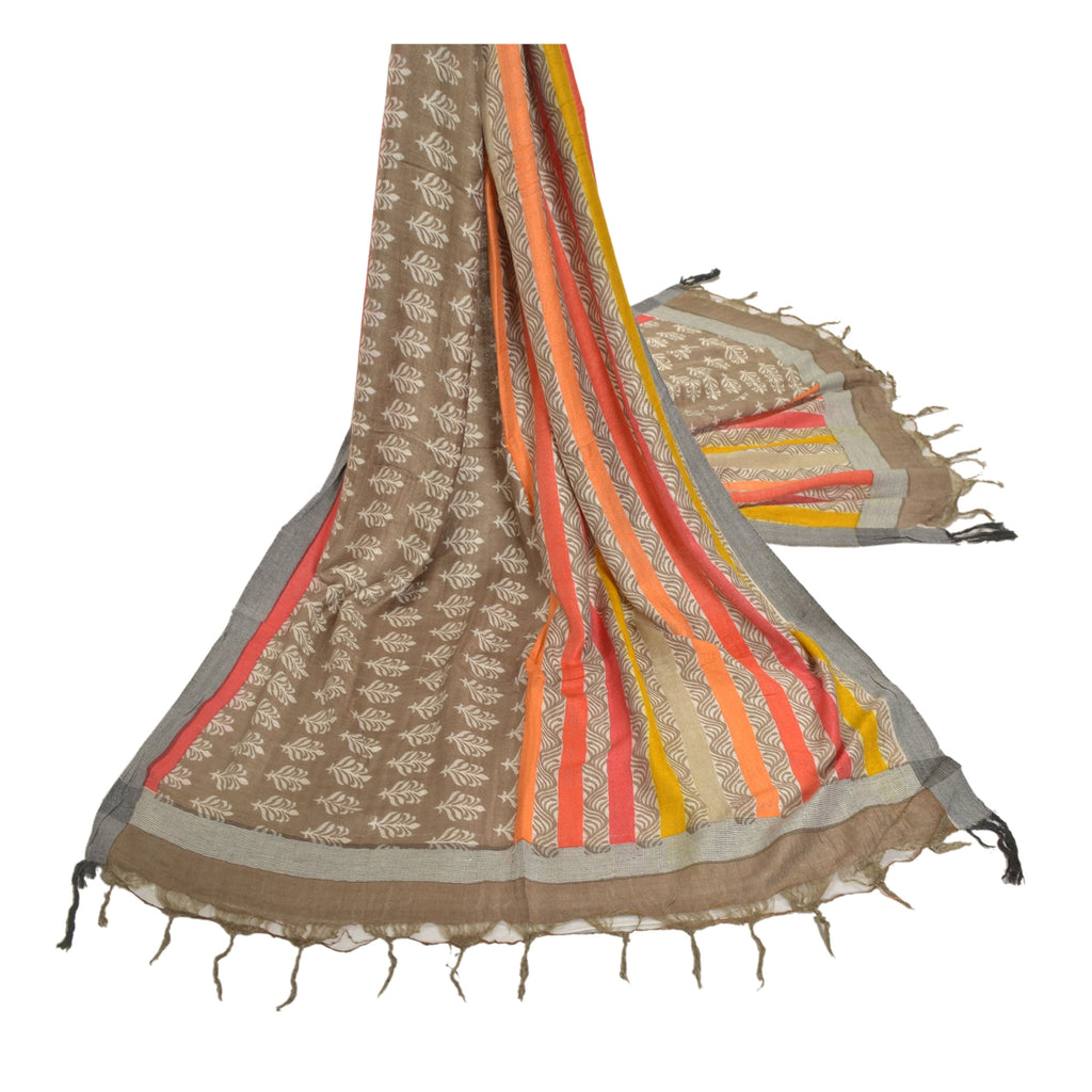 Sanskriti Vintage Dupatta Long Stole Pure Woolen Brown Wrap Shawl Printed Work