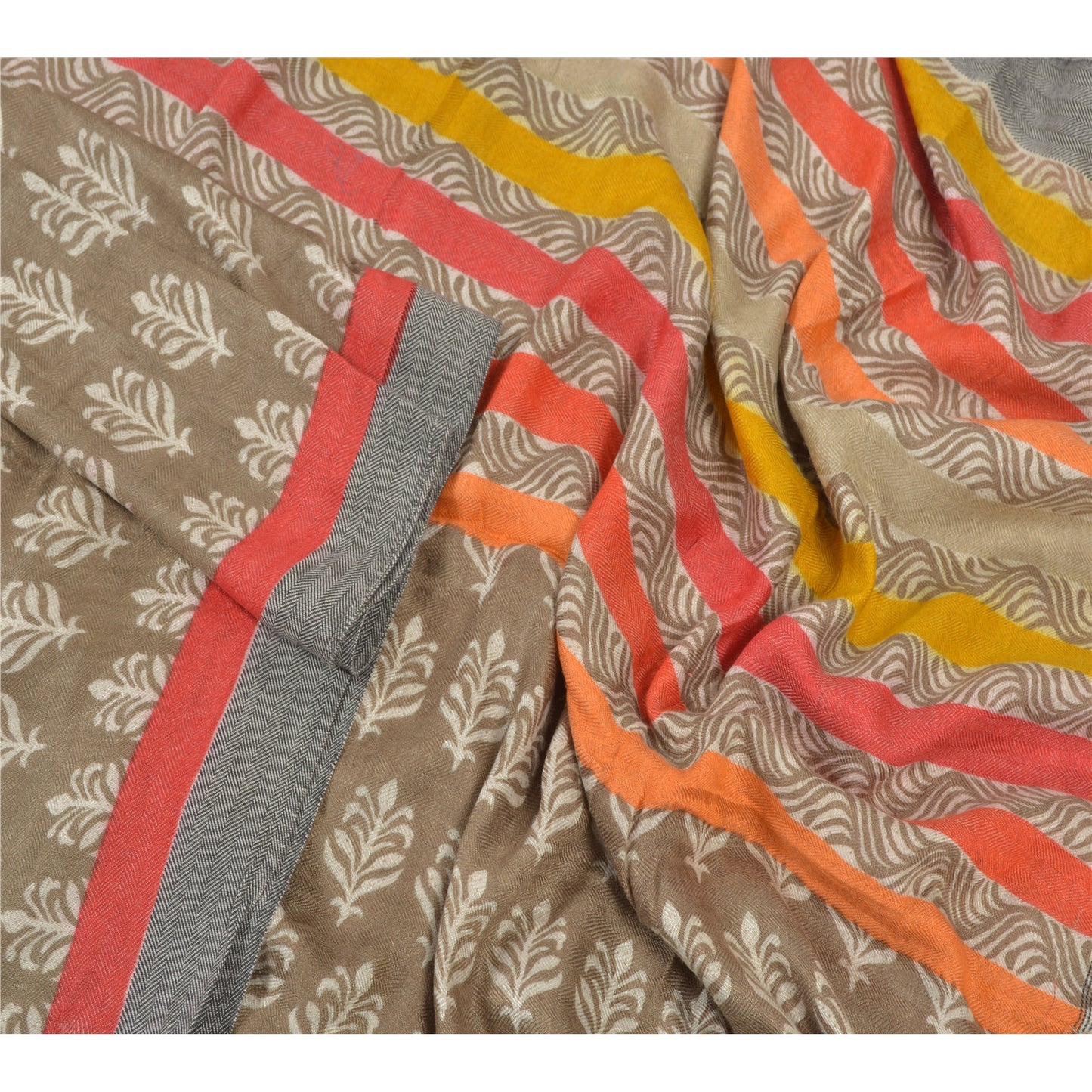 Sanskriti Vintage Dupatta Long Stole Pure Woolen Brown Wrap Shawl Printed Work